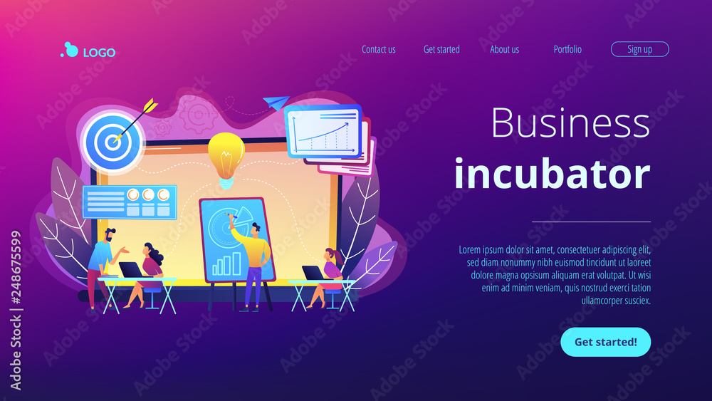 Company providing management training and office space. Business incubator, business training programs, shared administrative service concept. Website vibrant violet landing web page template.