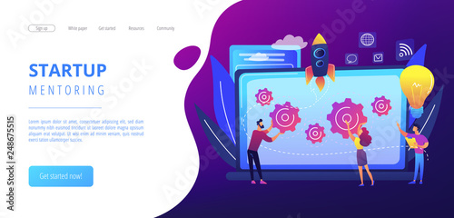 Startup team receive mentoring and training to accelerate growth and laptop. Startup accelerator, seed accelerator, startup mentoring concept. Website vibrant violet landing web page template.