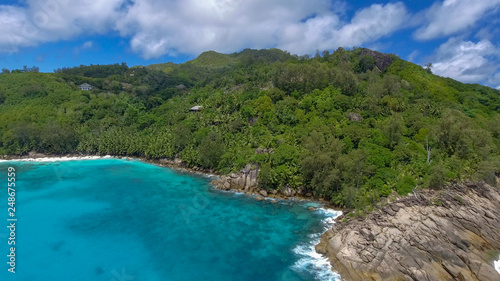 Mountains and ocean of Seychelles  aerial view