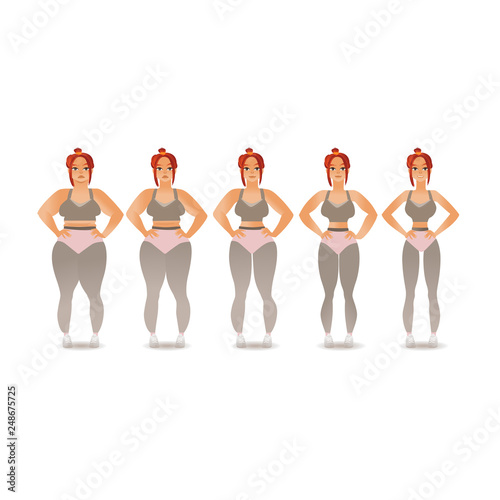 Vector stages of losing weight of woman