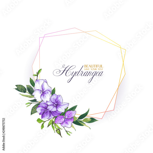 Floral vector background with hydrangea for wedding invitation, greeting template in violet and lilac colors. Geometric frame with beautiful flowers, composition of hydrangea and leaves.