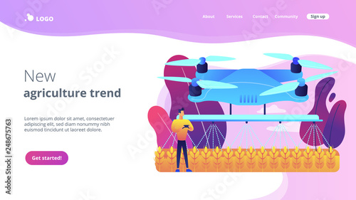 Smart farmer controlling agriculture drone spraying or watering crops. Agriculture drone use, precision farming, new agriculture trend concept. Website vibrant violet landing web page template.
