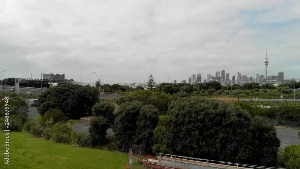 Aerial view of Auckland on a cloudy day, skyline and port, New Zealand