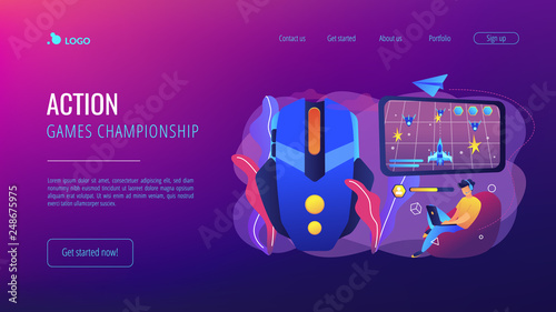 Fotografie Gamer with laptop overcomes challenges in space video game and gaming mouse
