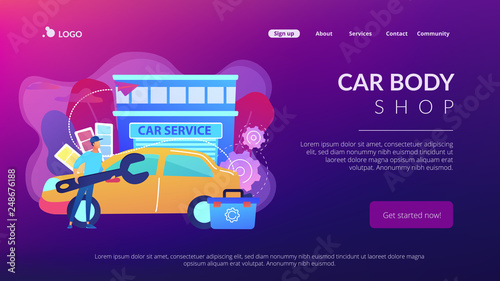 Auto tuner with wrench and toolbox doing vehicle modification at car service. Car tuning, car body shop, vehicle music upgrade concept. Website vibrant violet landing web page template.