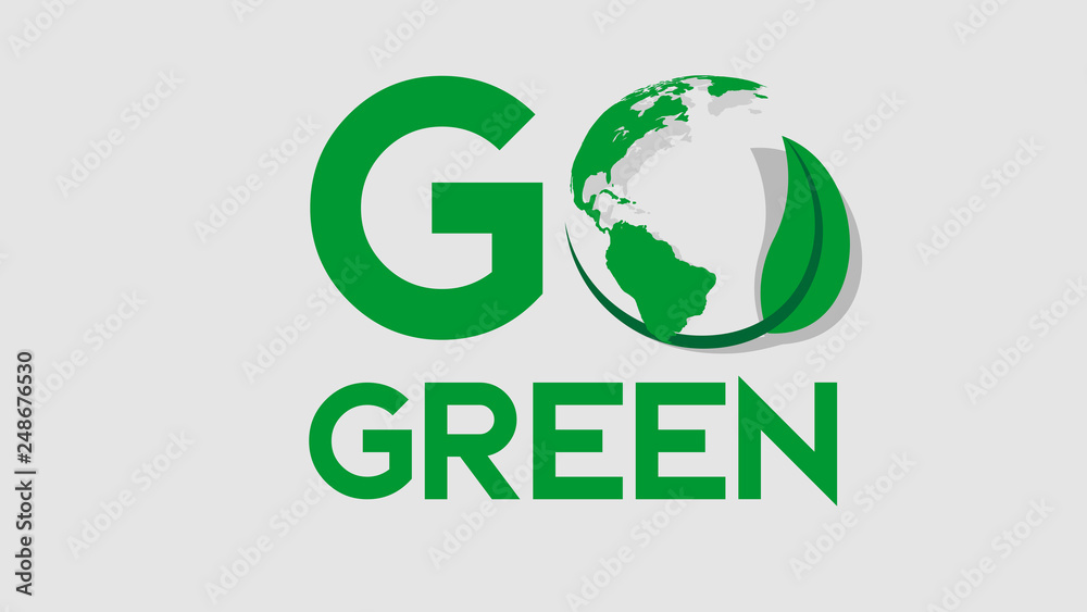 go green text typography earth with leaf in green and long shadow flat style illustration