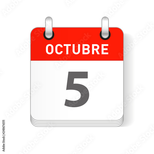Octuber 5, October 5 date visible on a page a day organizer calendar in spanish Language