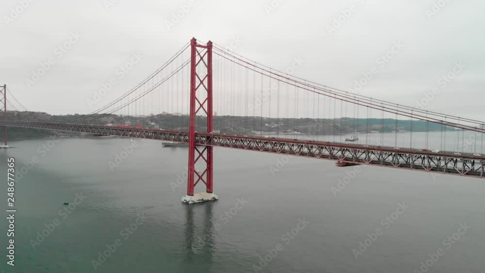 Aerial panoramic view of April 25 Bridge on a cloudy day, Lisbon Aerial panoramic view of April 25 Bridge on a cloudy day, Lisbon