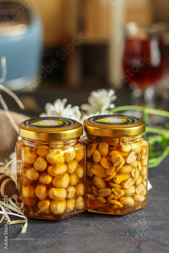 honey and nuts grain, tasty and healthy dessert. top food background. copy space