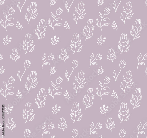 Seamless pattern of hand drawn blooming tulips and wild herbs. A simple modern background for romantic design line-art flowers.