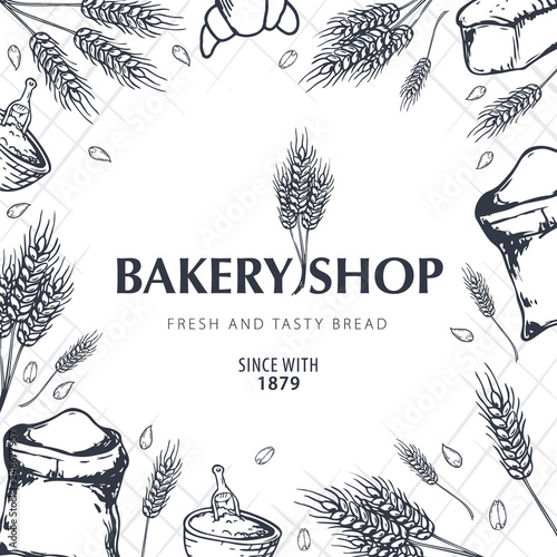 Bakery background with wheats. Linear graphic. Bread banner collection. Bread house. Vector illustration