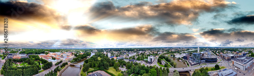 Panoramic sunset aerial view of Tartu skyline, Estonia
