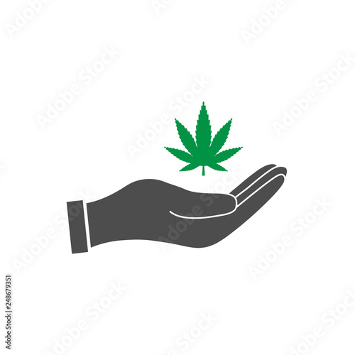 Cannabis, marijuana leaf in hand icon. Vector illustration, flat design.