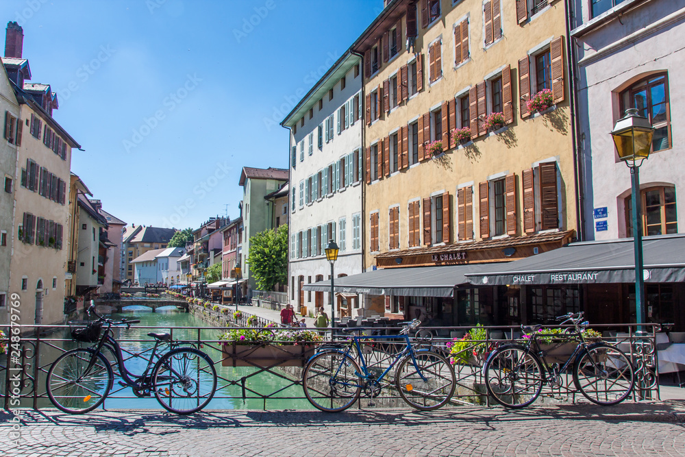 Annecy Canal and Streets on a Sunny Summer Day with Blue Sky