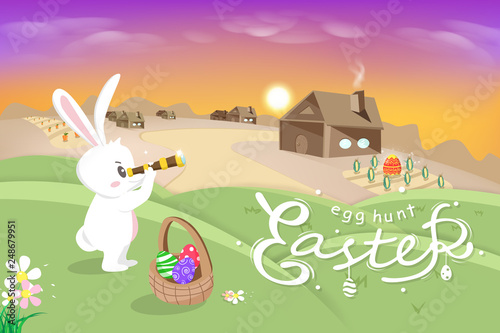 Happy Easter, holiday, white cute bunny looking through binocular, egg hunt poster, agriculture landscape scene, rabbit cartoon fantasy story, vector background illustration