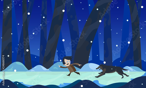 The boy runs away from the wolf at night in the woods in winter. Vector illustration