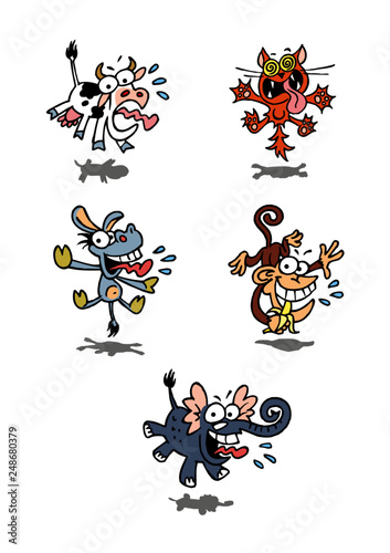 Crazy animals set, cow, cat, donkey, monkey, elephant, color cartoon icons