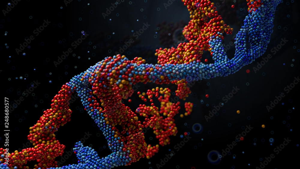 3d render abstract background with dna shape made of a lot of small particles. Dna destruction by infection of damage. Render with depth of field.