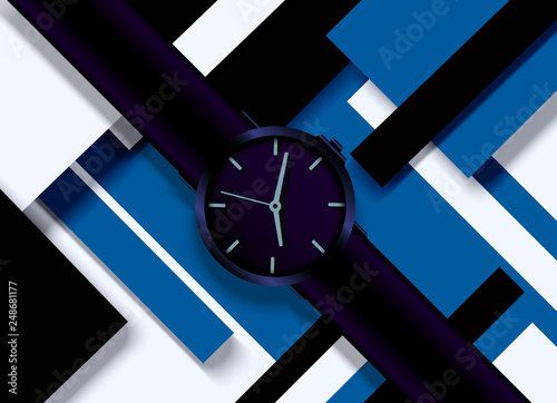 Vector illustration of a men's wristwatch or watch on a multi-colored abstract background made of cut out paper in a geometric line art style