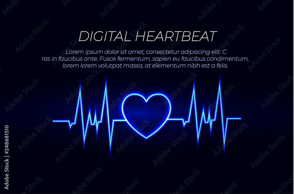 Glowing neon Smart watch showing heart beat rate icon isolated on blue  background. Fitness App concept. Vector Stock Vector