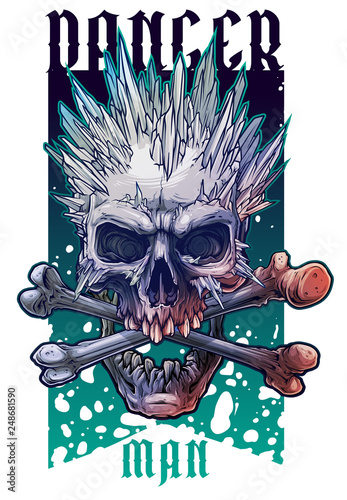 Detailed graphic realistic cool winter human skull with ice spikes and crossed bones. On blue grunge background. Vector icon.
