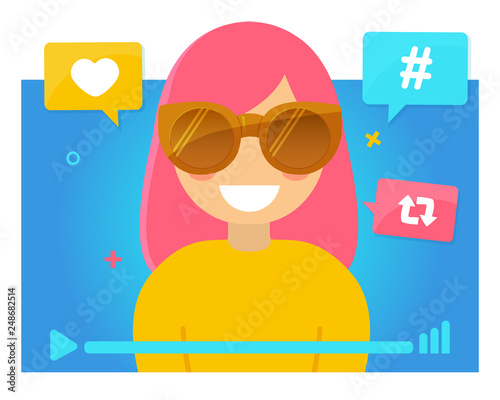 Girl with pink hair video blogger concept. Popular Young Video Streamer Blogger Girl, Woman. Fashion Blog. Online Channel. Hashtag, like, repost symbols. Vector illustration.