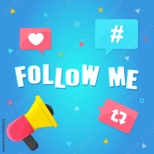 Follow me concept. Banner for Streamer, Blogger, Traveler. Speaker and bubbles with Hashtag, like, repost symbols. Social media, online promotion, sharing posts concept Vector illustration