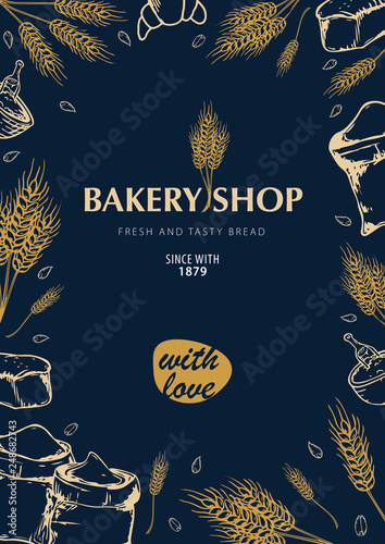 Bakery background with wheats. Linear graphic. Bread banner collection. Bread house. Vector illustration