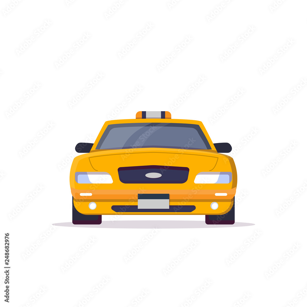 Front view of yellow taxi car with sign. Flat style vector illustration. Vehicle and transport banner. Classic american taxi car from New York. Transportation banner.