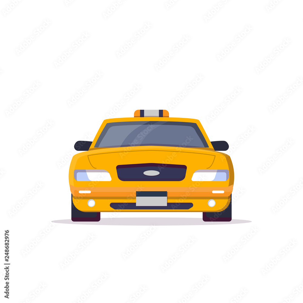 Fototapeta premium Front view of yellow taxi car with sign. Flat style vector illustration. Vehicle and transport banner. Classic american taxi car from New York. Transportation banner.
