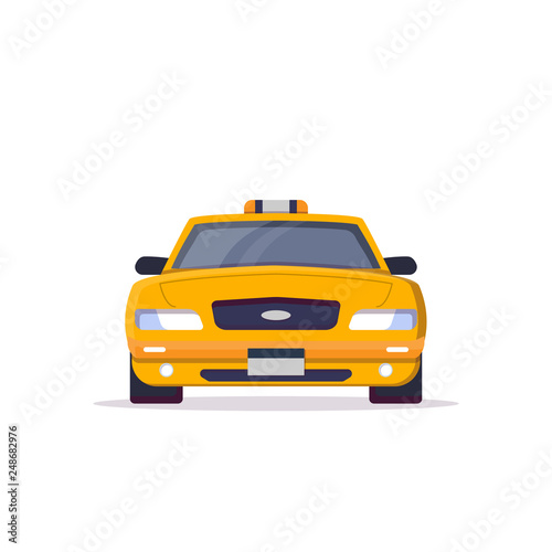 Front view of yellow taxi car with sign. Flat style vector illustration. Vehicle and transport banner. Classic american taxi car from New York. Transportation banner.