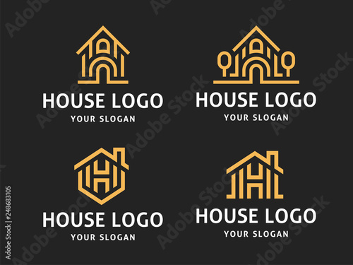 Set of 4 vector logos. Abstract houses in a linear style. Security houses, home and property protection, real estate sales, home renovation, architecture, landscape design and much more.