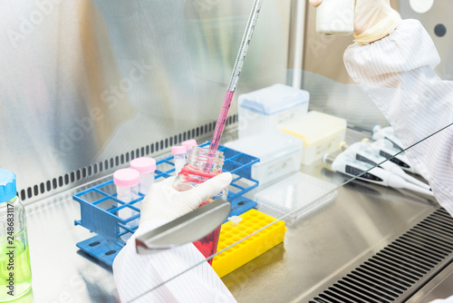 A scientist in sterile coverall gown Doing biological research in clean environmental. Cleanroom facility photo