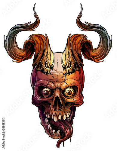 Detailed graphic realistic horrible colorful black and white human skull with big sharp bull horns or antlers. Isolated on white background with symbols. Vector icon.