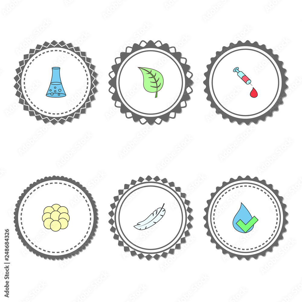 Vector set of labels with various symbols in flat style on white background. Collection of isolated elements for design packaging, tags and stamps or badges for cosmetics, medicine, food etc.