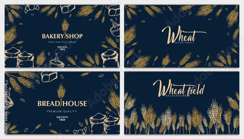 Set of Bakery backgrounds with wheats. Linear graphic. Bread banner collection. Bread house. Vector illustration