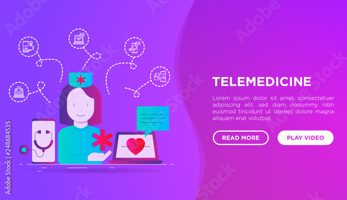 Online medicine web page template: doctor consulting by video call on laptop or smartphone. Telemedicine concept. Gradient flat icons. Modern vector illustration.