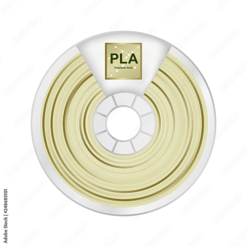Vector illustration of natural white and yellow pla filament for 3D printing wounded on the spool with a name PLA. Plastic material for a 3D printer. Icon is isolated on a white background. - obrazy, fototapety, plakaty 