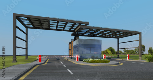 Vehicle entrence and security building with glassed facade