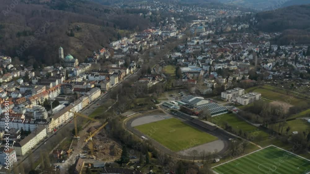 Aerial pan across the beginning of Baden-Baden in winter Aerial pan across the beginning of Baden-Baden in winter