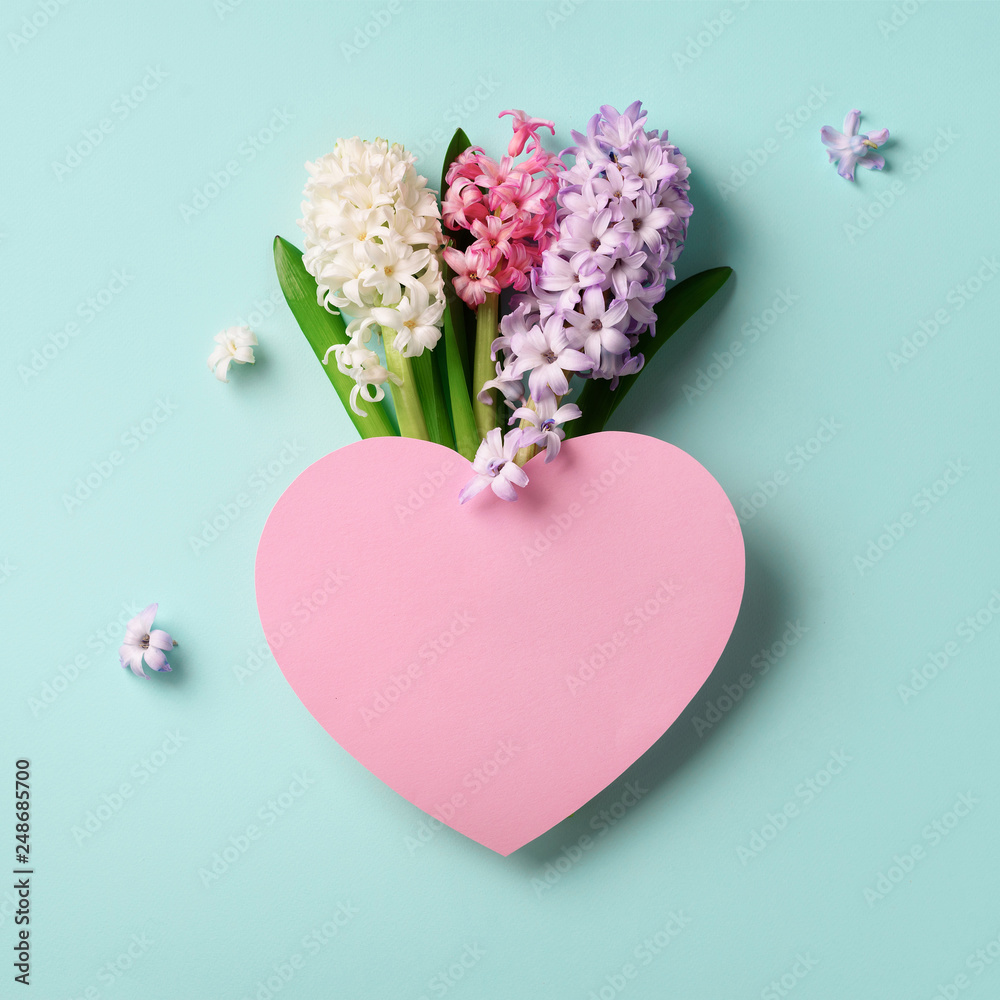 Spring hyacinth flowers and pink paper heart on blue punchy pastel background. Square crop. Spring, summer or garden concept. Creative layout. Top view, flat lay.