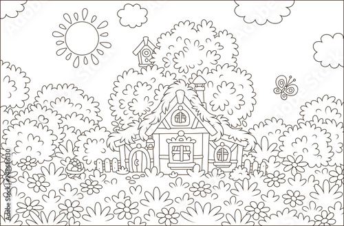 Easter basket near a small thatched hut among flowers and butterflies on a glade under a big tree on a sunny Easter day, black and white vector illustration in a cartoon style for a coloring book