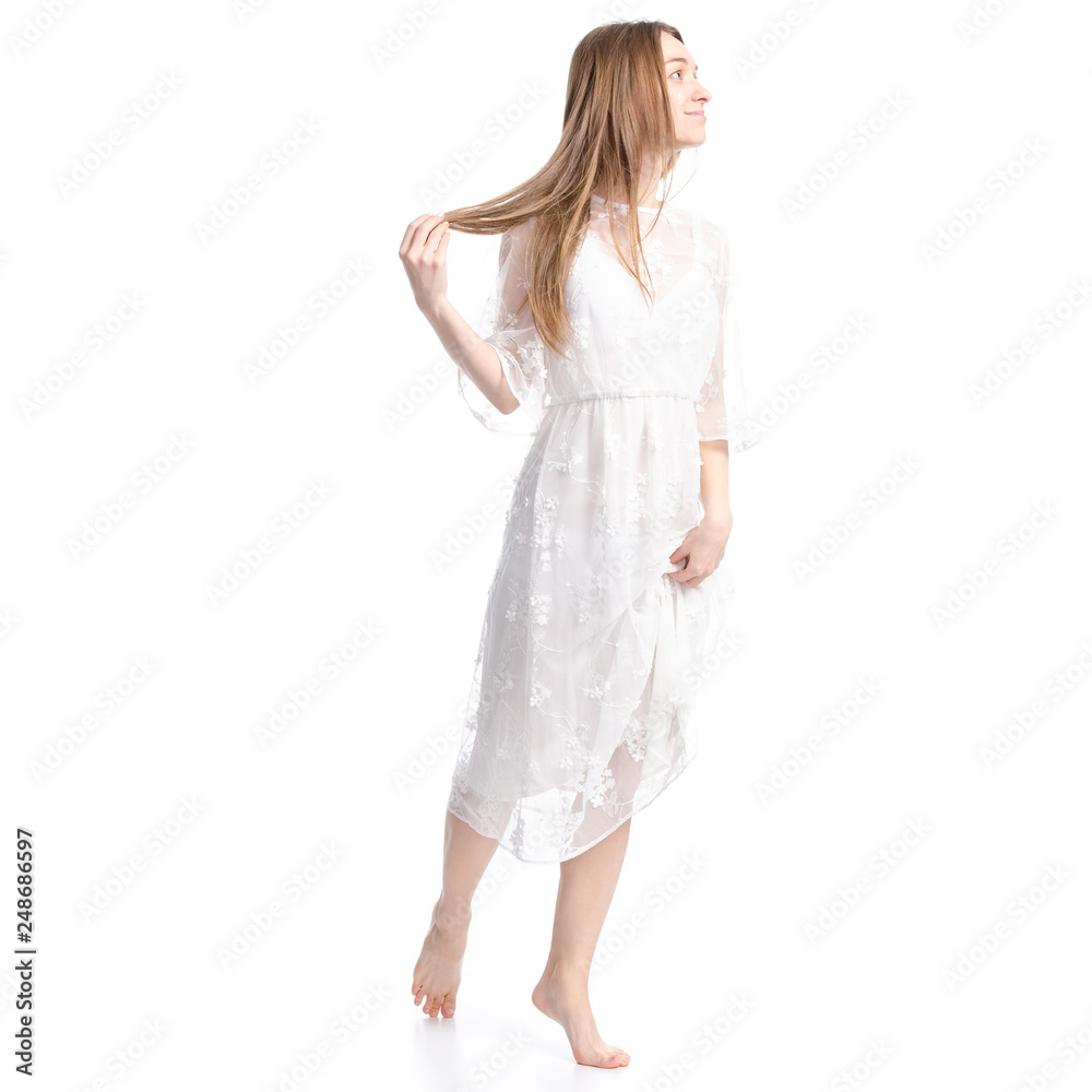 Woman in white dress summer spring laced goes on white background isolation Woman in white dress summer spring laced goes on white background isolation