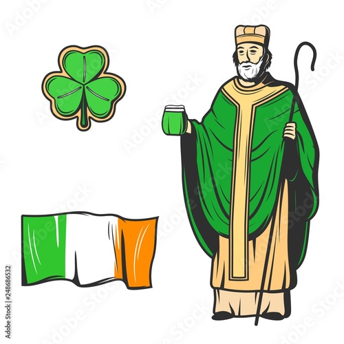 Saint Patrick, green clover leaf and Ireland flag