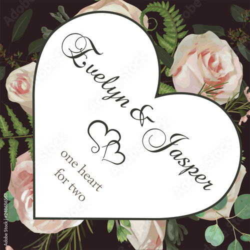 Valentine greeting, invite card. Vector style herbs, flowers, eucalyptus,  forest fern, brunia. Natural, branches boxwood, buxus, chamaelaucium and pink rose. Dark burgundy background