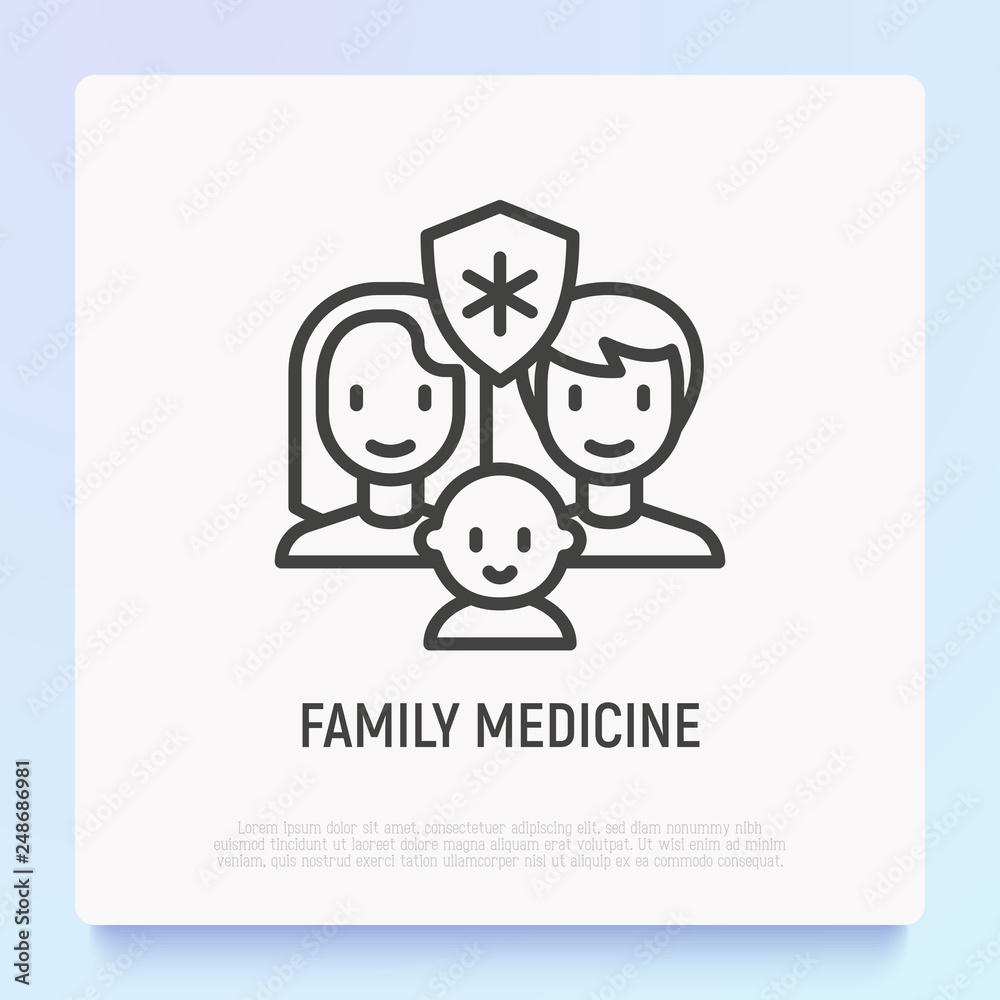 Family insurance thin line icon: mother, father, baby are protected by medical shield. Modern vector illustration.