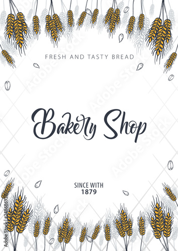 Bakery background with wheats. Linear graphic. Bread banner collection. Bread house. Vector illustration