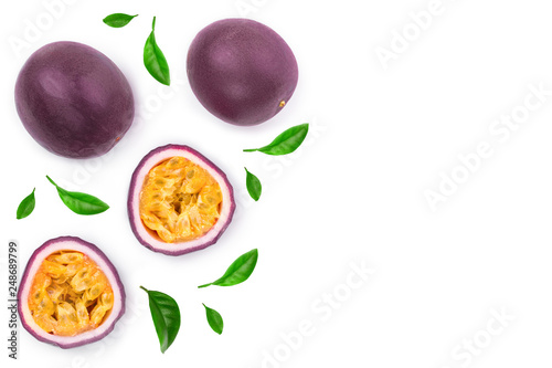 passion fruits with leaves isolated on white background with copy space for your text. Isolated maracuya. Top view. Flat lay