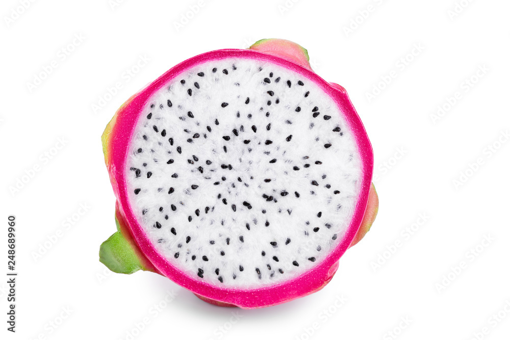 half of Ripe Dragon fruit, Pitaya or Pitahaya isolated on white background, fruit healthy concept half of Ripe Dragon fruit, Pitaya or Pitahaya isolated on white background, fruit healthy concept