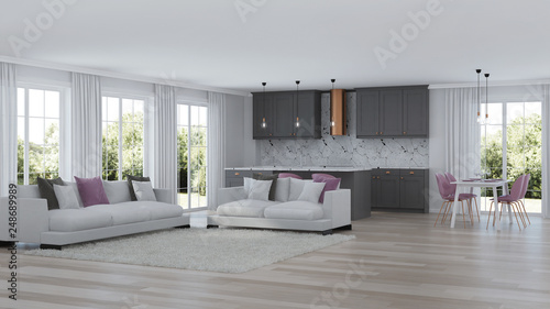 Modern home interior with gray kitchen. 3D rendering. © artemp1